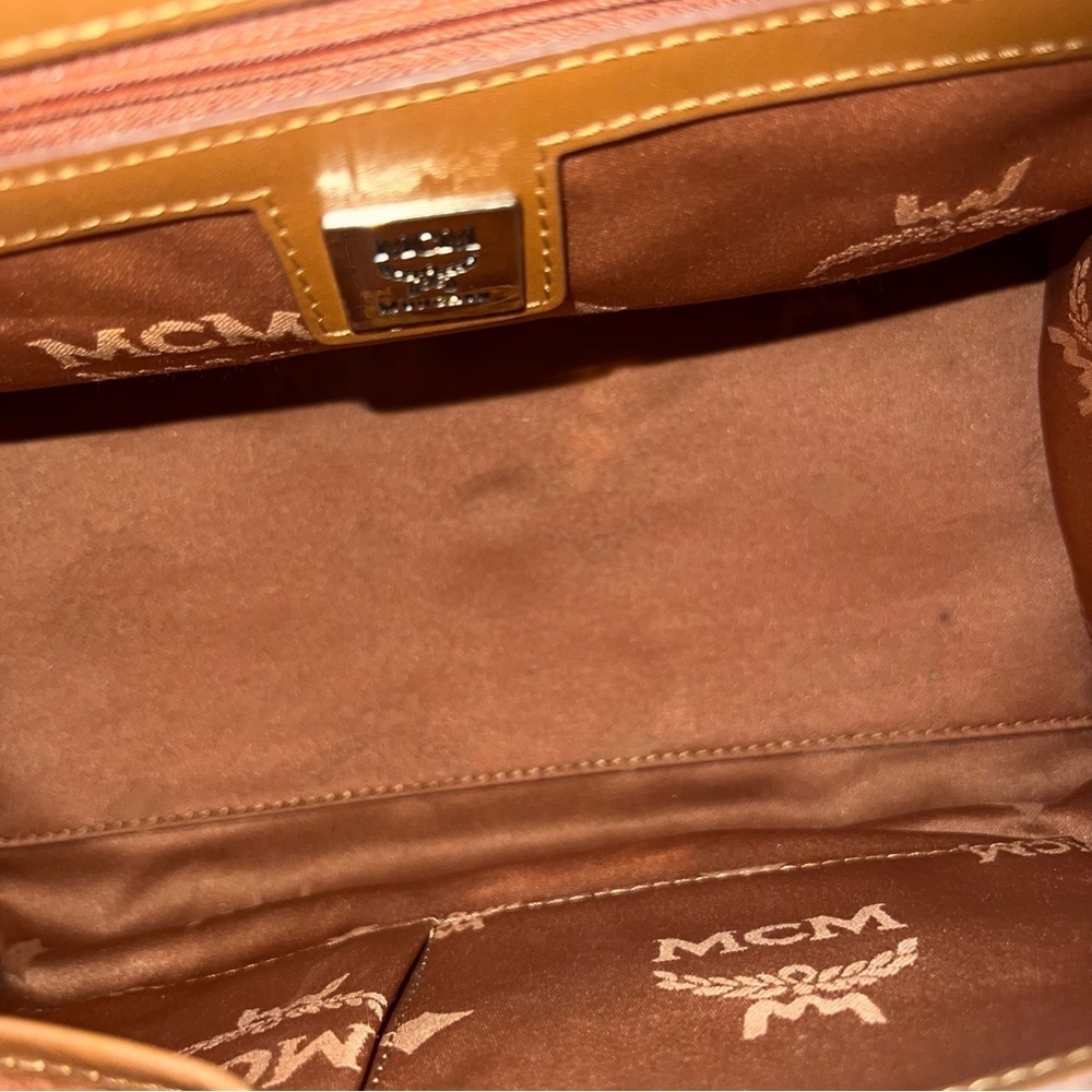 MCM Vintage Cognac Visetos Monogram Boston Satchel Bag with Gold Logo Plate - Picture 11 of 14